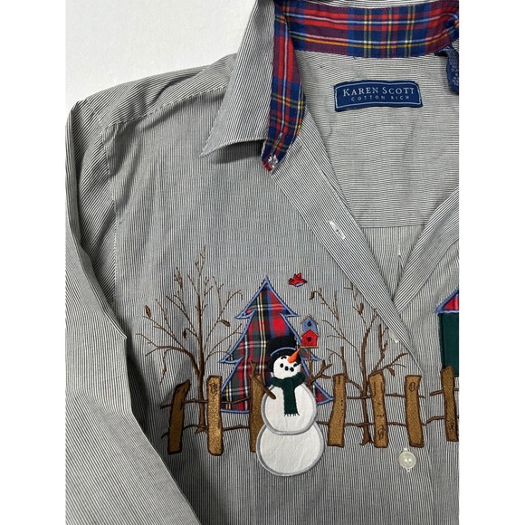 Karen Scott Striped Christmas Holiday Snowman Embroidered Top Blouse Medium‎ - Picture 2 of 8